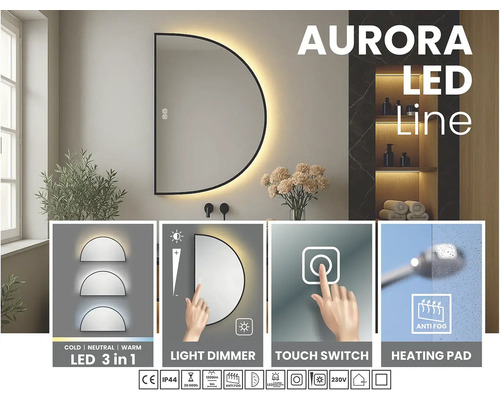 Půlkruhovité LED zrcadlo s dotykovým spínačem, stmívačem a funkcí proti zamlžování do koupelny