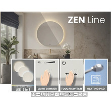 Koupelna s kulatým zrcadlem včetně osvětlení, stmívače světla, dotykového spínače a vyhřívací podložky.