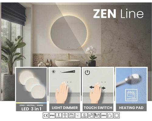 Koupelna s kulatým zrcadlem včetně osvětlení, stmívače světla, dotykového spínače a vyhřívací podložky.