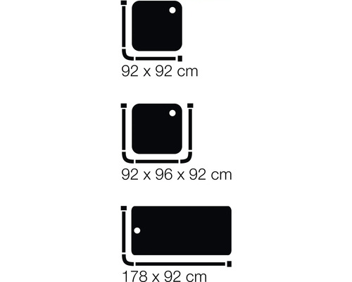 Znázornění různých tvarů a velikostí sprchových koutů v centimetrech