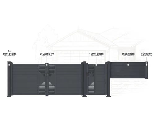 Různé plotové prvky s rozměry pro e-shop Hornbach.