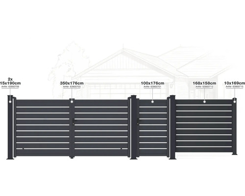 Různé hliníkové plotové prvky v různých velikostech.