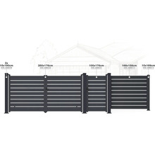 Různé plotové prvky a zahradní branka s rozměry.