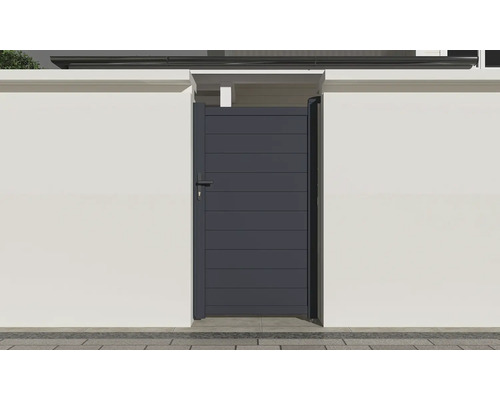 Hliníková zahradní branka s vodorovnými panely mezi dvěma zdmi