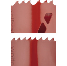 Detailní pohled na děrovací pilu se zuby a výřezy.