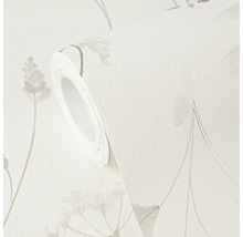 Vliesová tapeta v roli s lněnou strukturou a květinovým vzorem trav a květin.