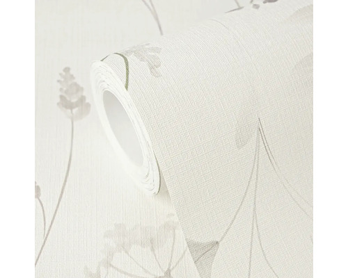 Vliesová tapeta v roli s lněnou strukturou a květinovým vzorem trav a květin.