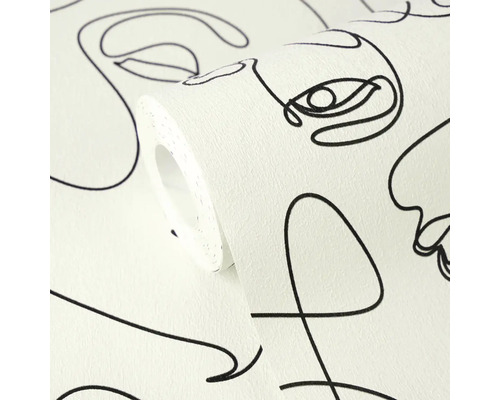 Vliesová tapeta s abstraktním vzorem obličejů ve stylu line art, strukturovaný povrch, role tapety.
