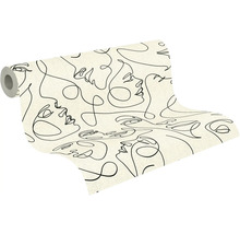 Vliesová tapeta s line-art vzorem černých obličejů na světlém podkladu, role tapety.