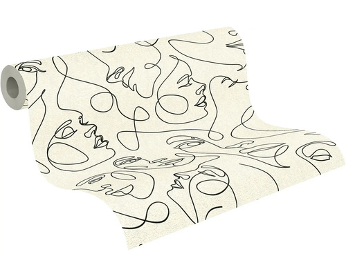 Vliesová tapeta s line-art vzorem černých obličejů na světlém podkladu, role tapety.
