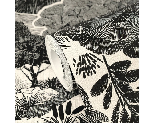 Role tapety s černobílým přírodním vzorem stromů a listů ve stylu náčrtu.