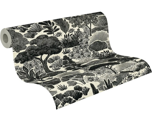 Vliesová tapeta s černobílým motivem krajiny se stromy a kopci.