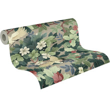 Vliesová tapeta s botanickým vzorem jeřábů, květů a listů.