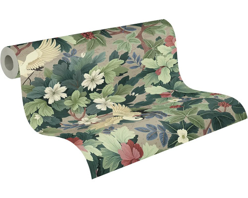 Vliesová tapeta s botanickým vzorem jeřábů, květů a listů.