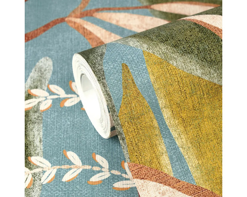 Role vliesové tapety s abstraktním vzorem listů a jemnou lněnou strukturou.