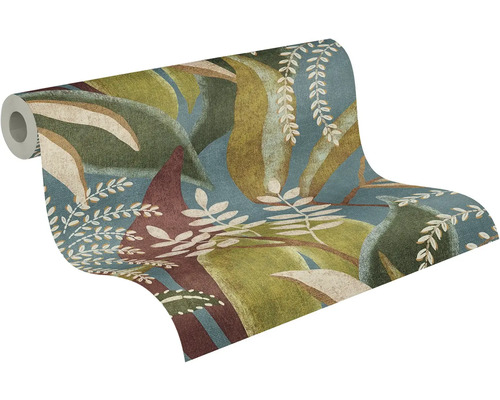 Vliesová tapeta s botanickým vzorem listů v zelené, modré a zemitých barvách.