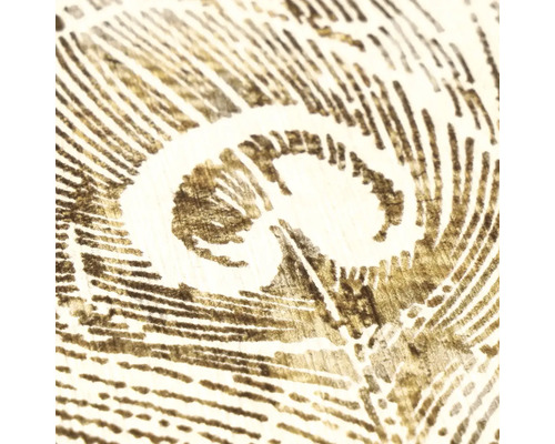 Detailní záběr vzoru tapety s motivem pavího pera v naskicovaném vzhledu na strukturovaném povrchu.