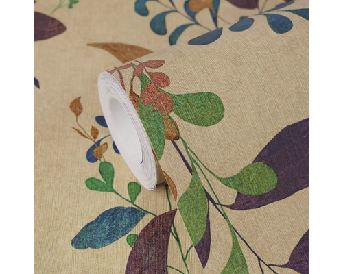 Role tapety s motivem listů a textilní strukturou.