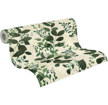 Vliesová tapeta s botanickým vzorem listů v různých odstínech zelené.