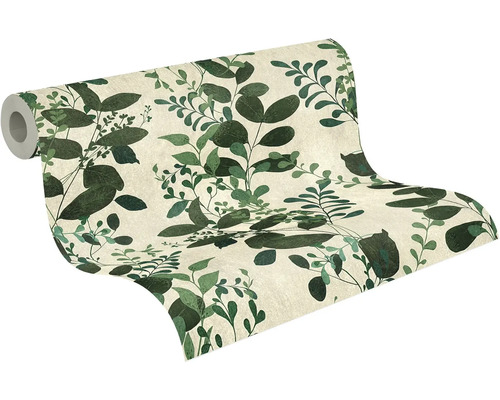 Vliesová tapeta s botanickým vzorem listů v různých odstínech zelené.