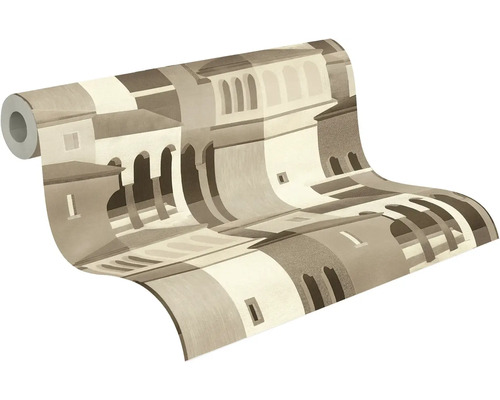 Vliesová tapeta s moderním architektonickým vzorem oblouků a budov v zemitých tónech.