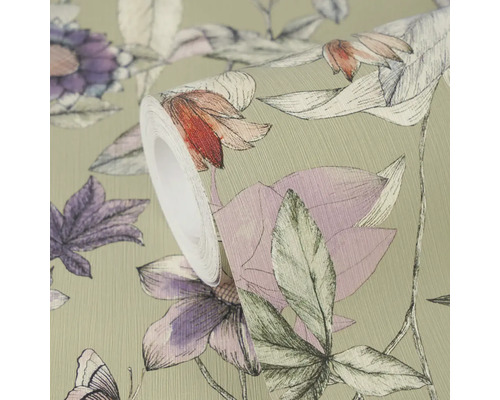 Role vliesové tapety s květinovým vzorem zobrazujícím detailní náčrty květin a listů na strukturovaném povrchu.
