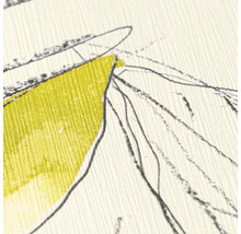 Detail strukturované tapety s vertikálním rýhováním, limetkově zelenou plochou a tmavými ručně kreslenými linkami.