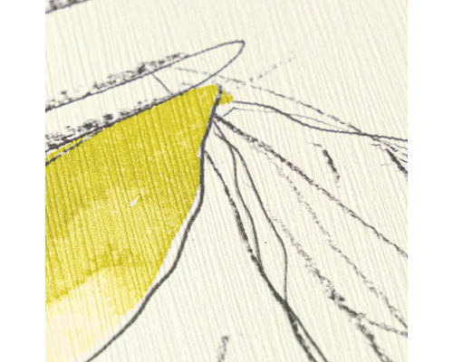 Detail strukturované tapety s vertikálním rýhováním, limetkově zelenou plochou a tmavými ručně kreslenými linkami.