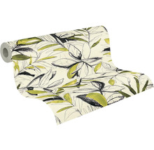 Vliesová tapeta s botanickým vzorem listů, skicované listy v černé a zelené barvě na světlém podkladu.