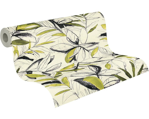 Vliesová tapeta s botanickým vzorem listů, skicované listy v černé a zelené barvě na světlém podkladu.