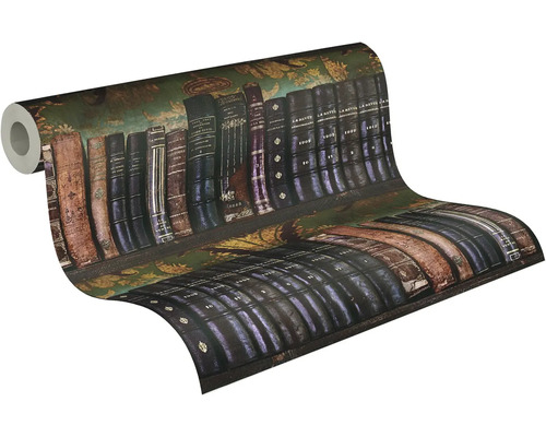 Tapeta v roli s motivem starožitných hřbetů knih v knihovně.