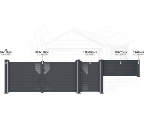 Různé prvky plotu s uvedením rozměrů