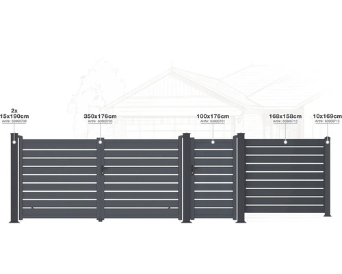 Různé plotové prvky s údaji o velikosti pro zahradu