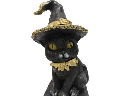 Dekorativní černá kočičí figurka s čarodějnickým kloboukem a obojkem jako halloweenská dekorace