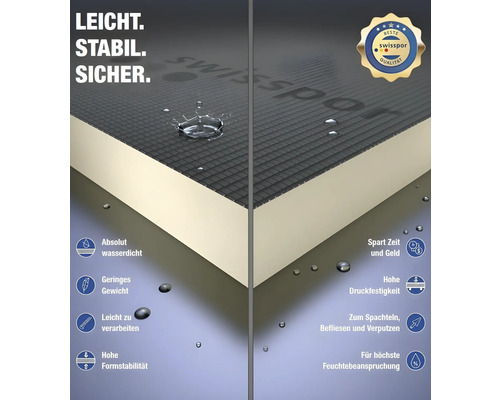 Logo Swisspor. Ilustrace izolační desky s vlastnostmi, jako je vodotěsnost, nízká hmotnost, snadné zpracování, vysoká tvarová stálost a pevnost v tlaku.