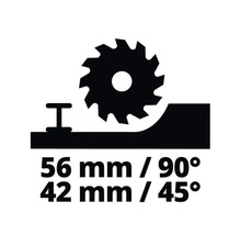Hloubka řezu 56 milimetrů při 90 stupních a 42 milimetrů při 45 stupních