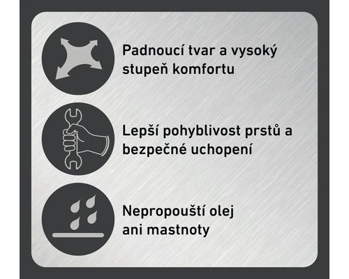 Symboly pro pohodlný tvar, lepší pohyblivost prstů a odolnost proti oleji