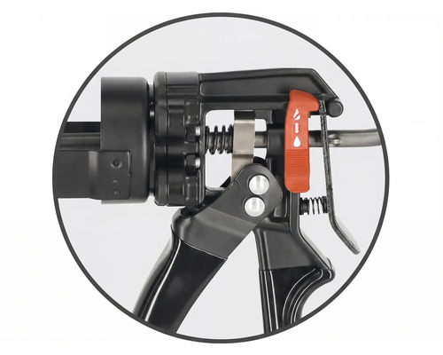 Detailní pohled na aplikační pistoli s nastavitelnou funkcí proti odkapávání.