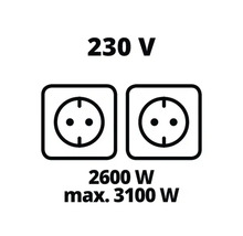 Symbol pro napětí 230 V, výkon 2600 W a maximální výkon 3100 W