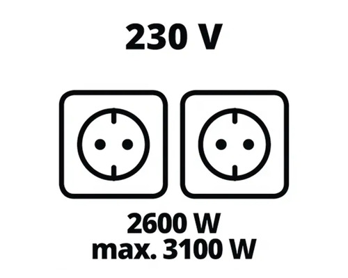 Symbol pro napětí 230 V, výkon 2600 W a maximální výkon 3100 W