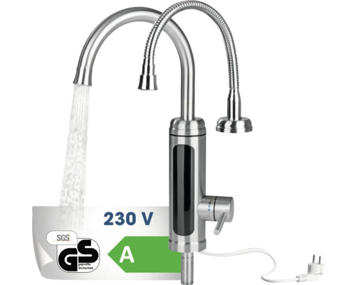 Elektrická vodovodní baterie se dvěma výtoky, 230 V a bezpečnostní značkou