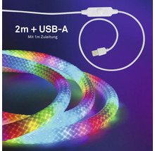 Vícebarevný LED světelný had, délka 2 metry s USB A připojením, včetně 1 metru přívodního kabelu a integrovaného vypínače.