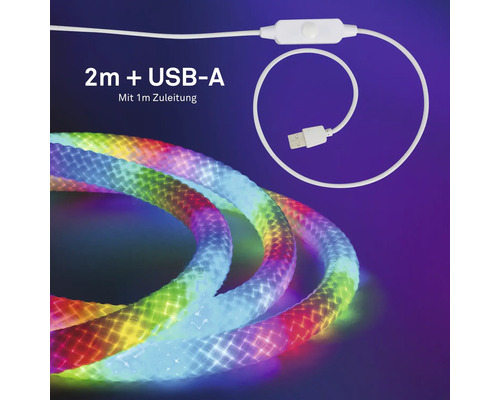 Vícebarevný LED světelný had, délka 2 metry s USB A připojením, včetně 1 metru přívodního kabelu a integrovaného vypínače.