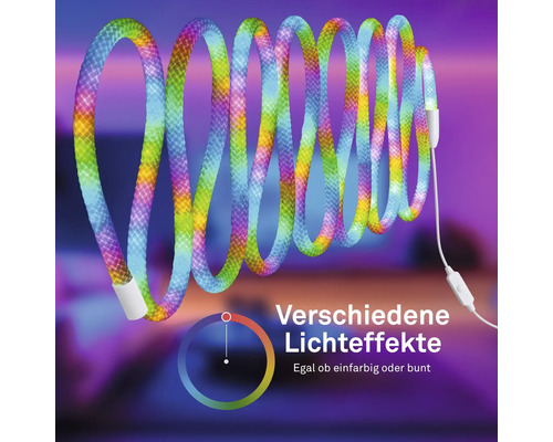 Flexibilní LED světelný had s různými světelnými efekty v duhových barvách.