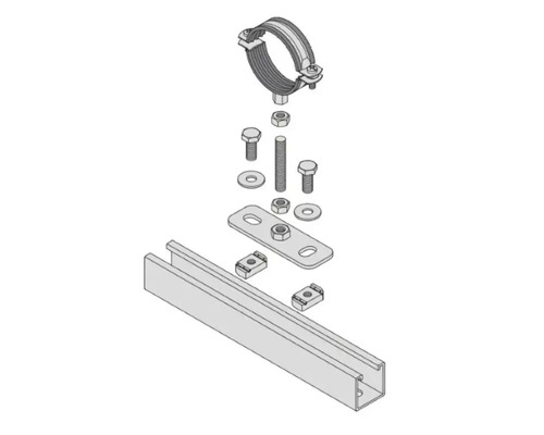 Trubková objímka s montážní lištou, šrouby, maticemi a podložkami
