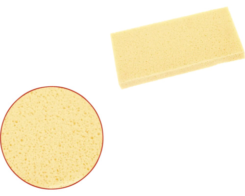 Dvě žluté houbičky, jedna obdélníková a jedna kulatá, na úklid