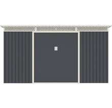 Kovový zahradní domek v antracitové barvě s dvojitými posuvnými dveřmi a větracími mřížkami v horní části.