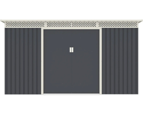 Kovový zahradní domek v antracitové barvě s dvojitými posuvnými dveřmi a větracími mřížkami v horní části.