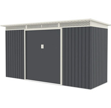 Kovový zahradní domek s posuvnými dveřmi, plochou střechou a větrací lištou, antracit a bílá.