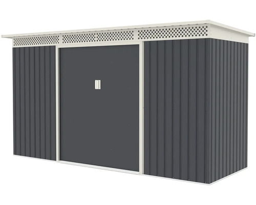 Kovový zahradní domek s posuvnými dveřmi, plochou střechou a větrací lištou, antracit a bílá.